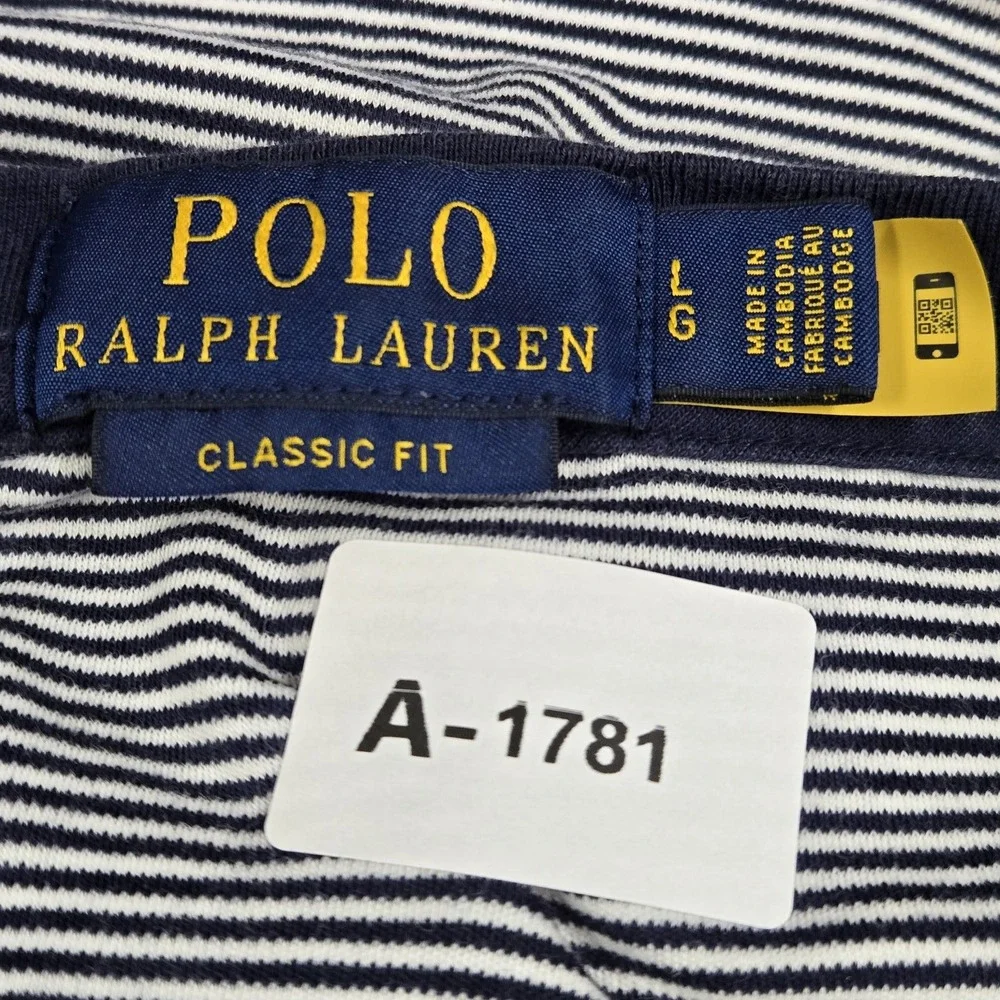 Polo Ralph Lauren Men Shirt L Navy Embroidered Striped Logo Classic Short Sleeve